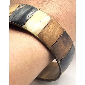 Vintage Brass Black Lacquered Wood Abalone Bracelet 7.8in